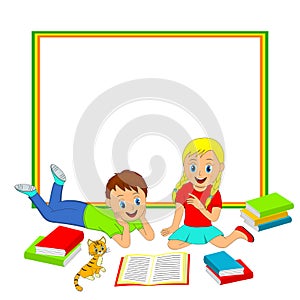 Frame with children, boy and girl reading a book