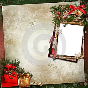 Frame with Christmas decorations on a vintage background