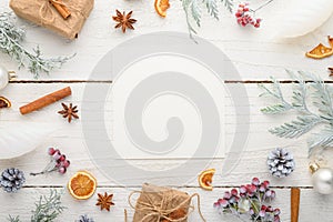 Frame, Christmas, New Year. Background with composition, with empty postcard space for design. On a white wooden background