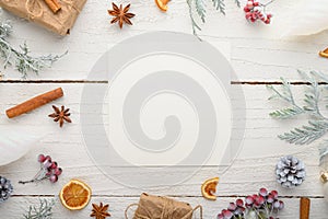 Frame, Christmas, New Year. Background with composition, with empty postcard space for design. On a white wooden background