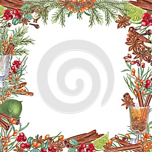 Frame of Christmas Spices, Berries, Spruce Branch, mulled wine glasses isolated on white. Cinnamons, sea buckthorn, spruce branch