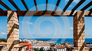 Frame of coastline of Costa Dorada in Miracle Beach. Sea, beach, palms and tiled roofs of houses at Tarragona, Catalonia