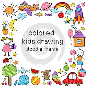 Frame with colored kids drawing