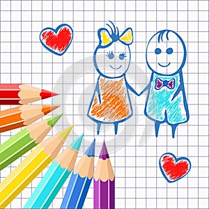 Frame of colored pencils on the background exercise book in a cage, with painted cartoon girl and boy. For design
