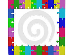 Frame of colored puzzle pieces on white