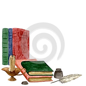 Frame from colorful books with a magnifying glass, candle and feather in an inkwell. Watercolor hand drawn illustration