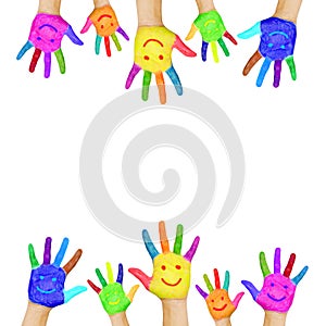 Frame of colorful hands painted with smiling faces