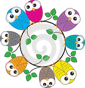 A frame of colorful owls