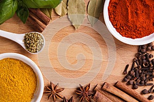 Frame composition of spices on wood