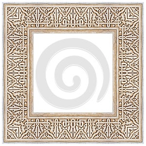 Frame composition of typical handcraft maroccan plaster decorations with with a geometric and natural shape - concept image with