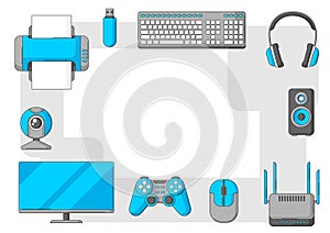 Frame with computer equipment. Gaming technology and work devices.