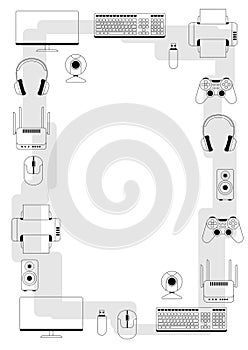 Frame with computer equipment. Gaming technology and work devices.