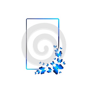 Rectangular blue frame with blue butterflies on a white background. Design for congratulations, invitations, party, banquet