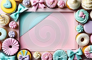 Frame of cookies and sweets cakes with space for copy space mockup text. Sweets Day