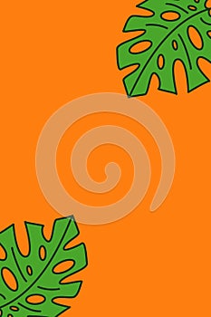 Frame with copy space in center from vector monstera leaves on orange hot summer background. A border of green  leaf of a home