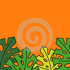 Frame with copy space at the top of vector monstera leaves on an orange hot summer background.  Border of green and yellow bouquet