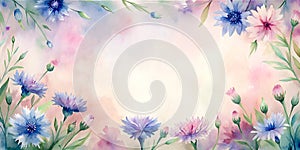 Frame with Cornflowers, watercolor horizontal banner, generated AI.