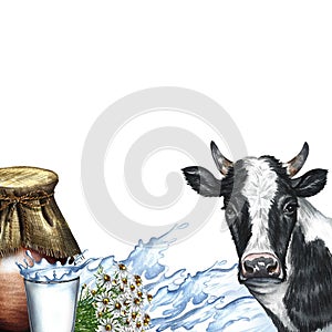A frame with a cow and dairy products and a splash of milk. A hand-drawn watercolor illustration. For milk advertising