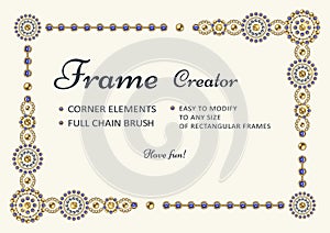 Frame creator with corner elements, round jewelry motifs, pattern chain brush.