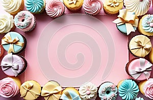 Frame of cupcakes on a pink background