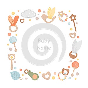 Frame of cute boho baby toys and child name text