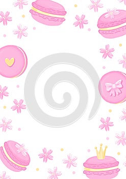 Frame of cute macaroons with crown, sakura flowers, bow and heart.