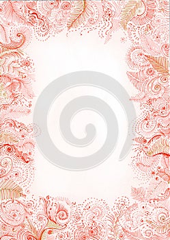 Frame of decorative elements from lines, curls, dots of peach fuzz color on a white background.