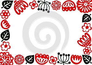 Frame of decorative flowers and leaves. Red, black. White background and place for text. Printmaking style.