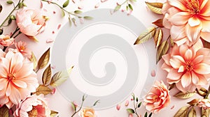 Frame from decorative pink flowers on a pink background. Copy space, greeting card
