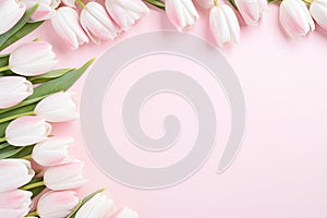 Frame of delicate pink tulips, spring flowers on a pink romantic background with space for text. Floral layout, top view. Template