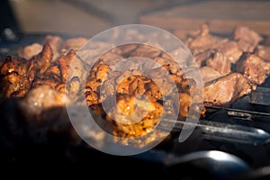 In the frame, delicious, juicy, chicken and pork kebabs on skewers are grilled on the grill. On a sunny day, outdoor recreation