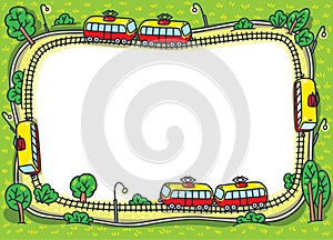 Frame design template with funny trams and rails