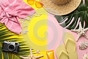 Frame of different beach objects on color background, flat lay. Space for text
