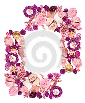 Frame with dried flowers isolated on white background.