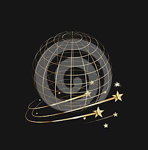 The frame of the earth on a black background, gold stars