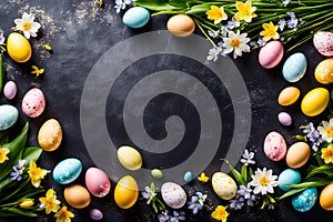 frame with easter eggs, Art Easter background with Easter eggs and spring flowers. Top view with copy space, Generative AI