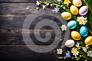 frame with easter eggs, Art Easter background with Easter eggs and spring flowers. Top view with copy space, Generative AI