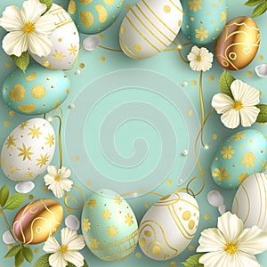 Frame for Easter festival. Colorful pastel Easter eggs with cute golden patterns and spring flowers on a pastel plain green