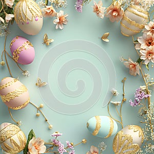 Frame for Easter festival. Colorful pastel Easter eggs with cute golden patterns and spring flowers on a pastel plain green