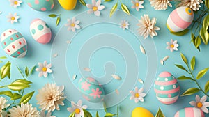 Frame for Easter festival. Colorful pastel Easter eggs with cute patterns and little spring flowers on a pastel plain blue