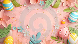 Frame for Easter festival. Colorful pastel Easter eggs with cute patterns and little spring flowers on a pastel plain pink