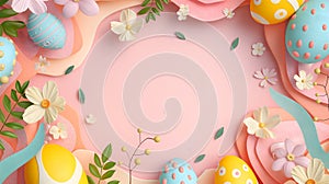 Frame for Easter festival. Colorful pastel Easter eggs with cute patterns and little spring flowers on a pastel plain pink