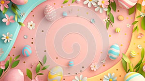 Frame for Easter festival. Colorful pastel Easter eggs with cute patterns and little spring flowers on a pastel plain pink