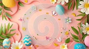 Frame for Easter festival. Colorful pastel Easter eggs with cute patterns and little spring flowers on a pastel plain pink