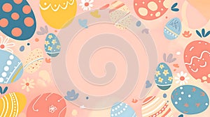 Frame for Easter festival. Pastel colorful Easter eggs with cute patterns and spring flowers on a pastel pink background with