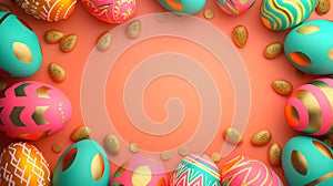 Frame for Easter festival. Vibrant colorful Easter eggs with cute golden patterns on a vivid plain orange background with blank