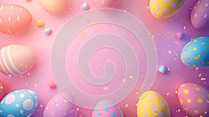 Frame for Easter festival. Vibrant holographic Easter eggs with cute glittering on a vivid plain gradient pink background with