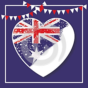 Frame and festoons and australian flag on heart over dark blue background