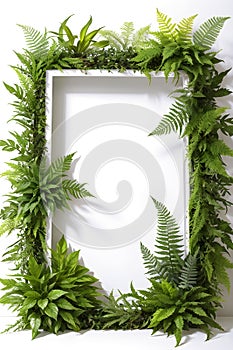 Frame filled with green ferns and leaves on a white background. Generative AI.