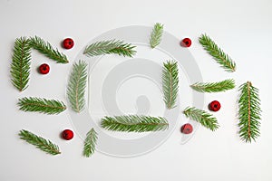 Frame of fir branch or spruce branch and red berries isolated on white background. Green fir tree branches. Christmas
